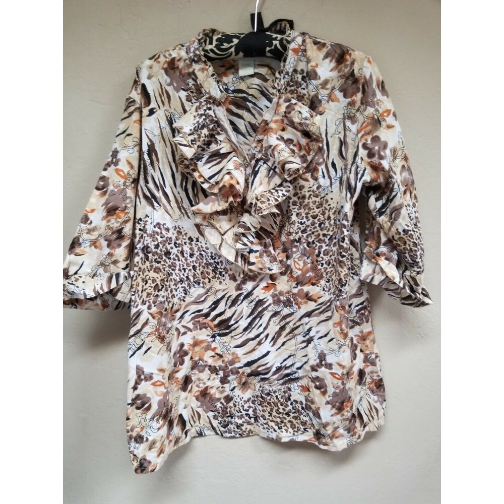 Phases Women Floral Animal Print Ruffle Top Blouse Large Cotton 3/4 Sleeve Brown